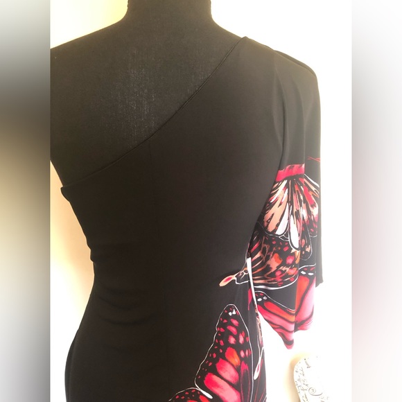 Dress; EUC; One Arm; Bisou Bisou; Black w/Butterflies; Side Ruching - Picture 8 of 16
